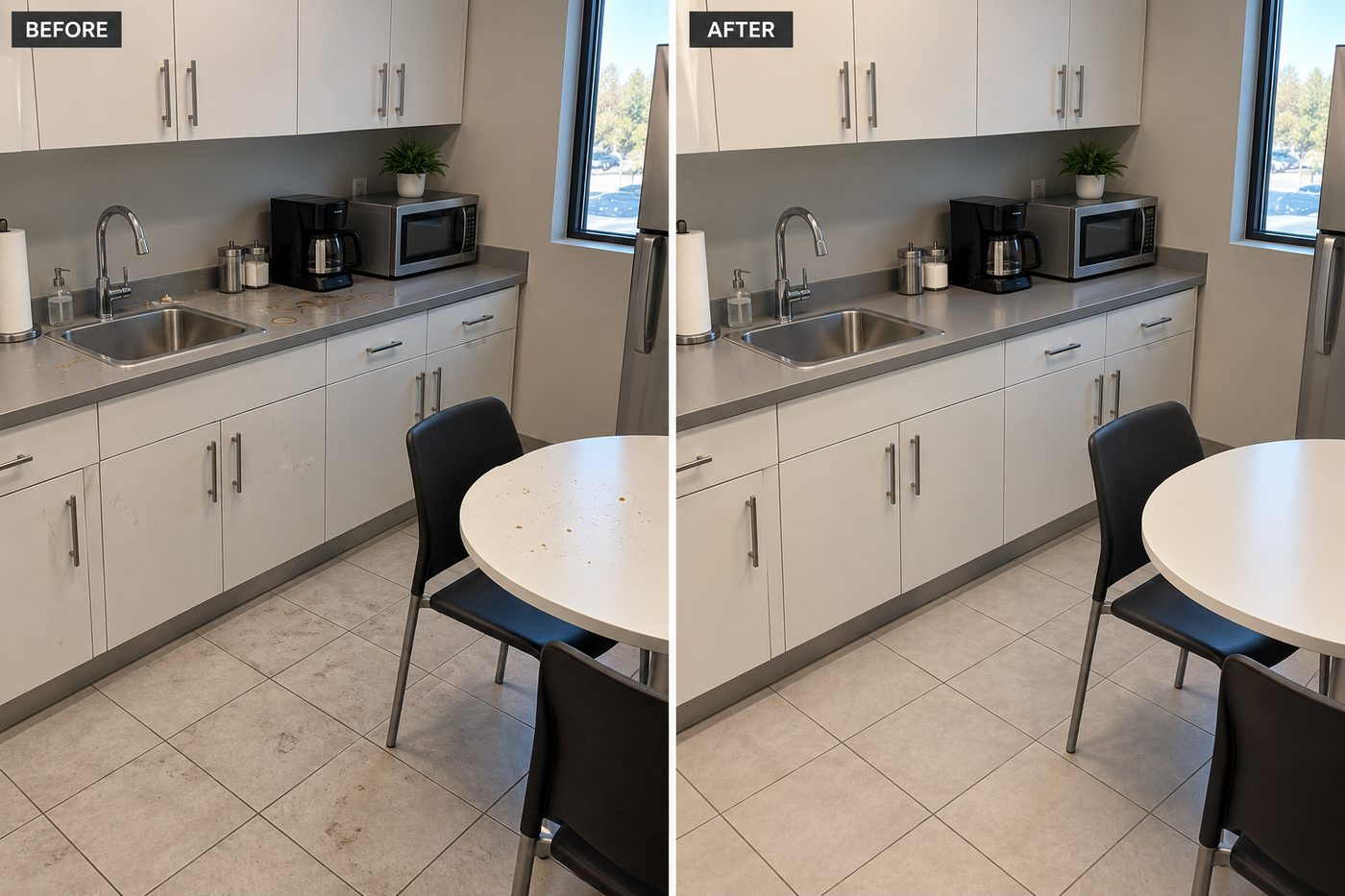 Break room before cleaning with stained counter, table and floor, and after with clean surfaces