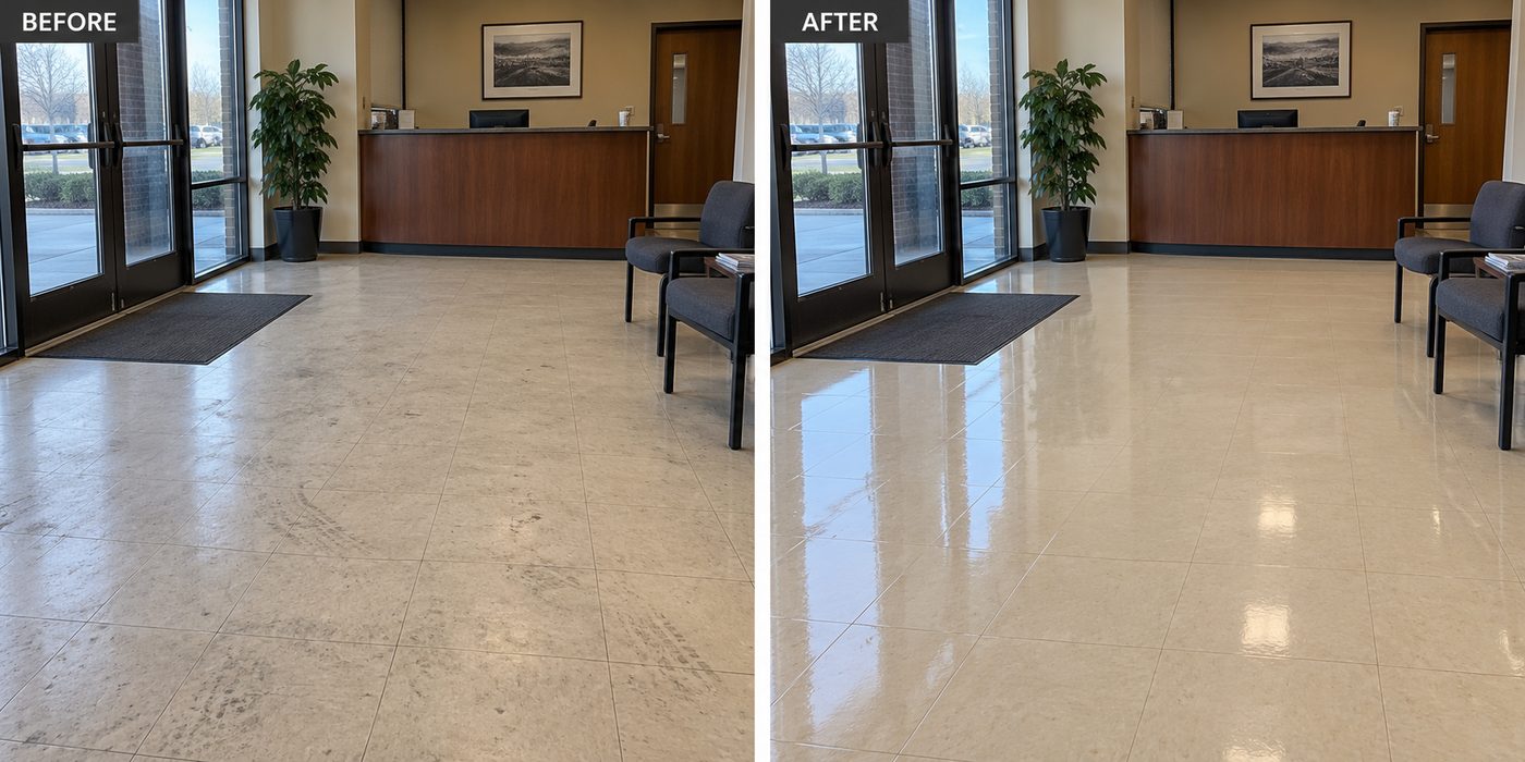 Reception lobby floor before and after floor care: dull and scuffed on the left, clean and glossy on the right